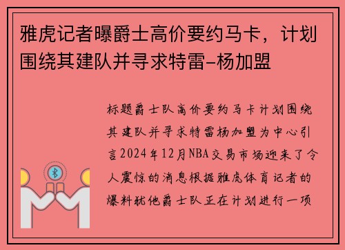 雅虎记者曝爵士高价要约马卡，计划围绕其建队并寻求特雷-杨加盟