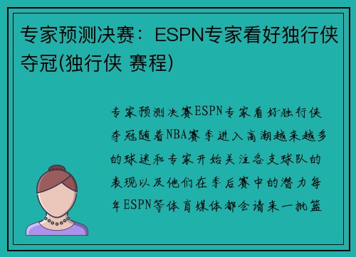 专家预测决赛：ESPN专家看好独行侠夺冠(独行侠 赛程)