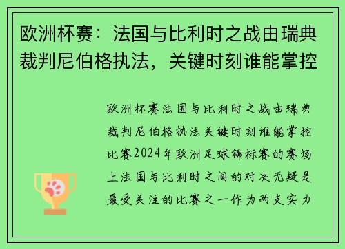 欧洲杯赛：法国与比利时之战由瑞典裁判尼伯格执法，关键时刻谁能掌控比赛？